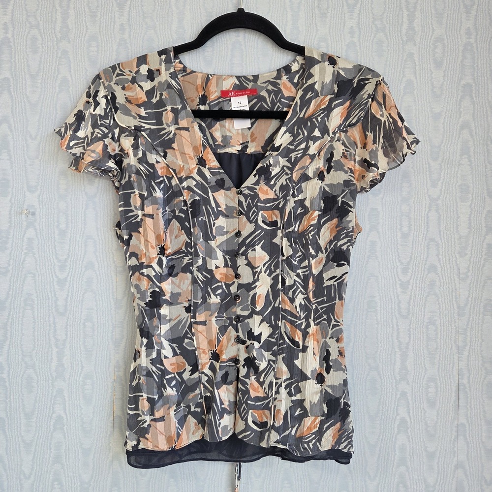 Anne Klein Button Down Shirt Women's 12 100% Silk‎ Tie Back Floral Delicate